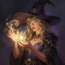 character concept of taylor swift as a witch with a big pointy hat casting a magic glowing spell out of her hands, intricate, elegant, digital painting, concept art, smooth, sharp focus, illustration, from Metal Gear, by Ruan Jia and Mandy Jurgens and William-Adolphe Bouguereau, Artgerm