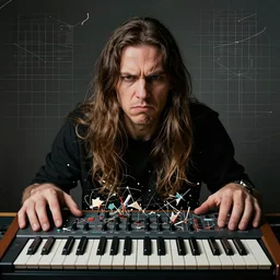 portrait of an extremely frustrated sophisticated male electronic serialist compser with long brown hair in front of his broken synthesizer, all ruined, expressionist grid photo, masculine, brutal