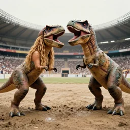 long shot of Shakira and Selena Gomez wearing costume t-rex mud fighting in a giant arena, 35mm, HD