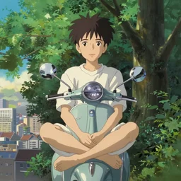 meditation vespa over the city of trees portrait flcl by makoto shinkai concept art by syd mead