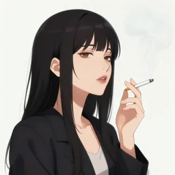 anime lady smoking a cigarette, white smoke, art by Ross Tran