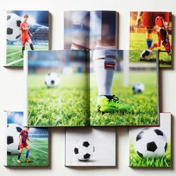 flatlay soccer book collection, vivid colors, dramatic lighting