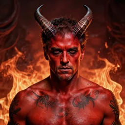 color studio photo of matt damon as the devil, tattoos, satanic, horns, red skin, fire, hell, closeup