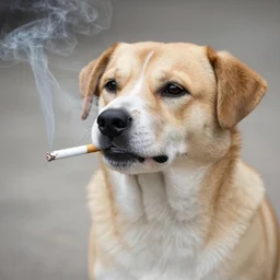 photograph of a dog holding a cigarette in its mouth, smoking