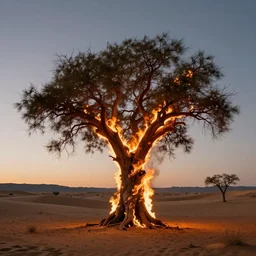 The tree of life, burning in the middle of a desert, cinematic lighting, ultra high quality