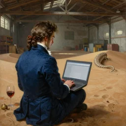 baroque oil painting handsome aristocrat in blue suit playing a laptop in warehouse, painted by greg rutkowski cushart krentz jeremy mann, dune sandworm, wine glass, warehouse interior, back view, soft lighting
