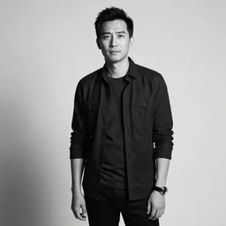 professional black and white studio photo of a man standing in front of a wall