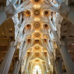 sculpted Sagrada Familia ceiling by Antoni Gaudi, symmetrical, volumetric light