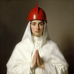 portrait of a priestess, wearing ( all - white clothes ), and a ( red helmet ), by gerald brom, and donato berthold.