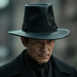 a gentleman wearing a tall black leather hat, cinematic style