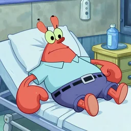 Mr Krabs in a hospital bed, slowly dying from stage 4 cancer