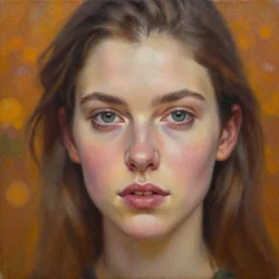 stunning serene portrait of Ashley Adams by Mark Arian, oil on canvas, masterpiece, realism, piercing gaze, autumn bokeh