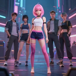 a beautiful fullbody portrait of a cute anime girl with pink hairs barefoot wearing sport clothing and leggings under shorts in cyberpunk city. character design by cory loftis, fenghua zhong, ryohei hase, ismail inceoglu and ruan jia. artstation, volumetric light, detailed, photorealistic, fantasy, rendered in octane, rim light