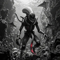 xenomorph greeting ocean divers emerging from the walls of a sunken tunnel rotting, helmet, beksinski, bruehgel, black and white, great winged demon, manta rays, detailed background, photograph, masterpiece, alien bifurcated hydromedusa gel shell, red light