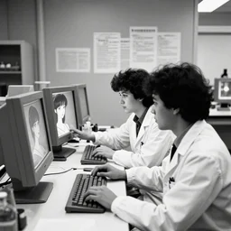scientists in a lab coats looking at computer screens trying to invent anime girls in real life, 1985 BW photo, secret documents leak