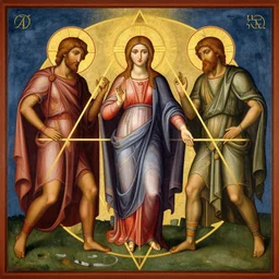 trinity of goddess and two gods, roman renaissance painting, by roberto ferri, poster, triangle, golden ratio, cycles, very colorful, blasphemous orthodox icon