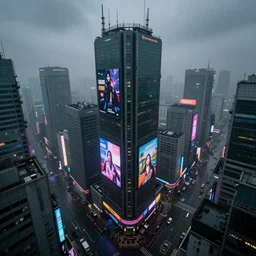 futuristic dystopian korean cityscape, high rises, billboard ads, neon signs, overcast, foggy, raining, depressing, ominous, imposing, industrial, high angle, dramatic illumination, multi colored lighting, highly detailed, ultra realistic, 8 k, by greg rutkowski, by nathan walsh