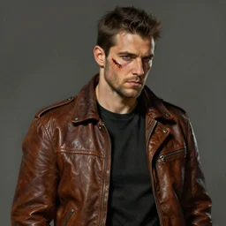 a thirty - five year old contract killer named cobalt. he wears a brown leather jacket. he has a burn scar up the side of his face. art by gaston bussiere.
