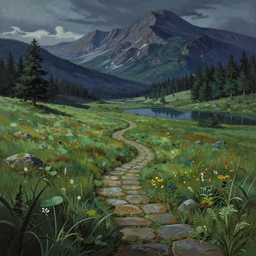 beautiful matte painting by goro fujita concept empty world art fantasy path mountains and meadow in the background near a lake reflecting the trees, atmospheric lighting, painted, intricate, volumetric lighting, beautiful, rich deep colors masterpiece, sharp focus, ultra detailed by