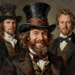 a fantasy painting of a smiling man with a beard wearing a mad hatter tophat by ( ross tran, leonardo da vinci, greg rukowski )