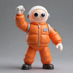 still slander figurine of a tall giant inflated space man action figure wearing over sized orange puffy bomber jacket, googly eyes, tareme eyes, small head, personification, dynamic pose, detailed product photo, tone mapped, beautiful composition, 8 5 mm, f 5. 8, soft lighting