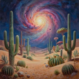 cinematic view of a desert oasis paradise filled with swirling nebula magic, exotic cacti, desaturated, psychedelic, tim hildebrandt, wayne barlowe, bruce pennington, donato giancola, larry elmore, oil on canvas, masterpiece, trending on artstation, featured on pixiv, cinematic composition, dramatic, beautiful lighting, sharp, details, hyper - detailed, hd, hdr, 4 k, 8 k
