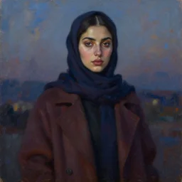 dreamy detailed portrait in femininity, realistic face sculpted features, ethnic, deep clear eyes, statuesque, coat and scarf, twilight, chiaroscuro, islamic color palette, brushy impressionism, impasto, arabesque, contemporary fashion, deep rich hues, oil on canvas