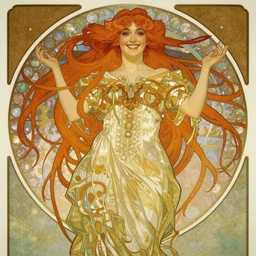Alphonse Mucha, art nouveau, cardstock, pretty female Hayley Williams Paramore, vampire, fully red eyes, sharp teeth smile, symmetrical, victorian dress, long red hair, full body action pose
