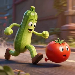 detailed 3 d render of a zucchini character hunting after a tomato character, high speed chase, dramatic scene, hyper realistic octane render, cinematic lighting, deviantart, pop - surrealism, lowbrow, frame from pixar movie