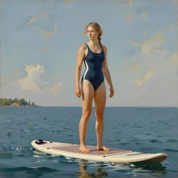 painting of a swedish women on a sup wearing a swimsuit, intricate elegant matte painting illustration, by bruno liljefors