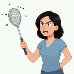 an angry woman holding a fly swatter searching for the flies, flies everywhere, caricature
