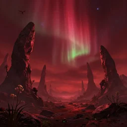 exotic alien landscape, rocks pointing to the sky, sparse plants, weird, creepy, quiet, red color scheme, andromeda krogan nebula aurora wallpaper 3 d pixar disney digital cgi rtx hdr painting bioluminance alena aenami artworks in 4 kby gustave darrow, moebius!! dan mumford thomas kinkade