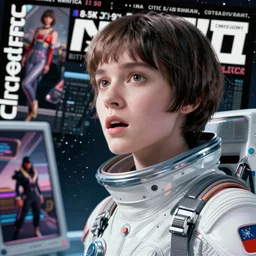 Cinestill 50d, 8K, 35mm,J.J Abrams flare; beautiful ultra realistic vaporwave minimalistic pointé posed seinen manga Kemonozume pilot in space(1950) film still jakuza scene, 2000s frontiers in blade runner retrofuturism fashion magazine September hyperrealism holly herndon edition, highly detailed, extreme closeup three-quarter pointé posed model portrait, tilt shift background, three point perspective: focus on anti-g flight suit;pointé pose;open mouth,terrified, eye contact, soft lighting