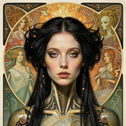 detailed realistic beautiful young bjork alien robot as queen of mars face portrait by jean delville, gustave dore and marco mazzoni, art nouveau, symbolist, visionary, gothic, pre - raphaelite. horizontal symmetry by zdzisław beksinski, iris van herpen, raymond swanland and alphonse mucha. highly detailed, hyper - real, beautiful