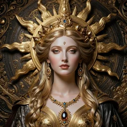 an extravagant elegant sun goddess detailed polished portrait shot by android jones in visionary fineart style 8 k hyper ornated maximalist and very detailed. elite luxury decorative darkfantasy, goddess by andrei riabovitchev, tomasz alen kopera