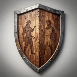 flesh and wood shield design, character sheet, Moebius, Greg Rutkowski, Zabrocki, Karlkka, Jayison Devadas, Phuoc Quan, trending on Artstation, 8K, ultra wide angle, zenith view, pincushion lens effect.