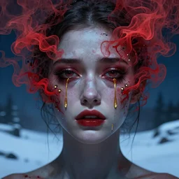 crying symmetrical face of gorgeous woman made of red smoke and ash with golden tears, art by beksinski, deep eyes, dark blue atmosphere, snow landscape background, concept art, artstation, art by anato finnstark