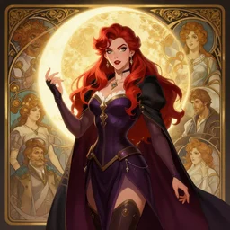 scarlet moon sorcerer character. Renowned character illustration by greg rutkowski, thomas kindkade, alphonse mucha, loish, norman rockwell. Trending on artstation