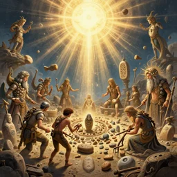 a race of divinely inspired toolmakers ; we have your eoliths and your mesoliths and your neoliths. by shaun tan, filip hodas, hugh kretschmer, cosmic, heavenly, god rays, intricate detail, cinematic, cel shaded, unreal engine, featured on artstation, pixiv