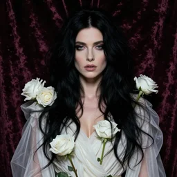 portrait of kate bush against a velvet background, lush black hair, pale skin, white roses, flowing material, intricate, beautiful cinematic lighting, stunning painting by artgerm, caravaggio, android jones, wadim kashin