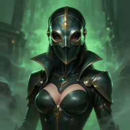 a highly detailed illustration of plague doctor mask wearing woman, wearing latex revealing outfit, surrounded by green mist background, intricate, elegant, highly detailed, centered, digital painting, artstation, concept art, smooth, sharp focus, league of legends concept art, WLOP