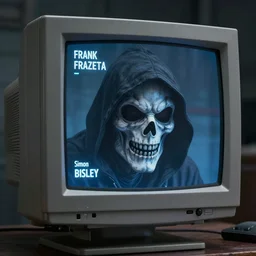 a grim reaper with a crt monitor for a face. the monitor has a blue screen with white letters on it. by frank frazetta, simon bisley, brom, concept art, octane render, unreal engine 5, highly detailed, high quality, 8 k, soft lighting, realistic face, path traced