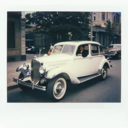 “ a man in a olden white car in the city in the 1910s, Polaroid”