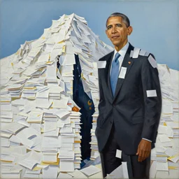 obama standing next to a mountain made of papers, oil on canvas, intricate, portrait, 8 k, detailed, hdr, cgsociety