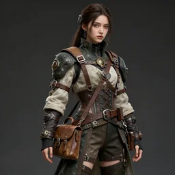 a young woman wearing an fantasy outfit with straps and padding and satchels and bags and holsters and decorations,!!! haute couture!!!, elaborate, intricate, in the style of craig mullins, dynamic lighting, octane render, fashion shoot, sharp focus
