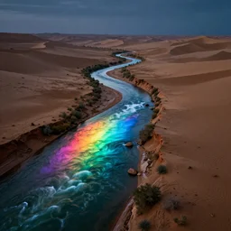 a rainbow colored glowing river flowing from desert, wide angle view of 24 mm lens, vertical landscape, highly detailed