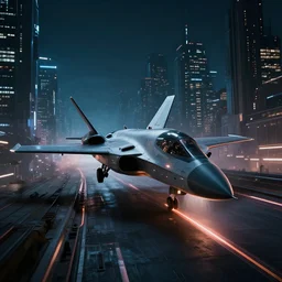 futuristic sci fi jet lands at runway of cyberpunk city, night photo ,dark cinematic lighting ,