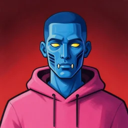 a drawing of a blue faced man wearing dark pink hoodie. his face is composed of distinct curving geometric regions, with hollows and stripes appearing. ping fangs and yellow eyes. his hoodie is futuristic. solid block color, black outlines, red gradated background