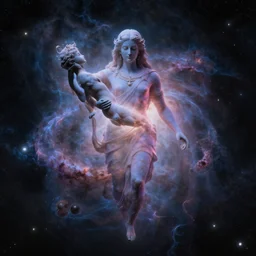 Nebula in the shape of God, emerging from a universe, holding a human