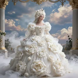 a beautiful sweet queen with a white large magnificent more and more vaporous ,wrapped ,hight decorated, detailed ,white roses cotton cream dress shooting surrounded by a wonderful renaissance sky background, octane,3d, surrealism 8k